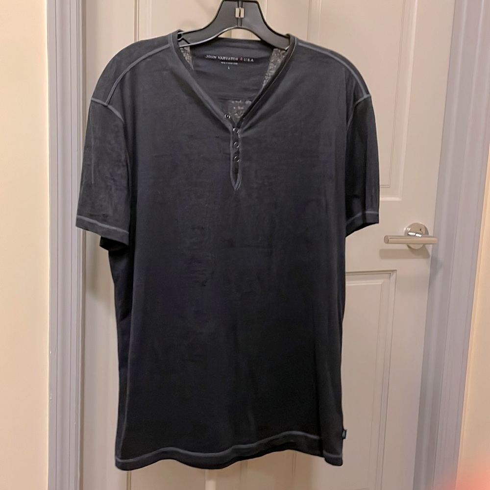 John Varvatos Henley short sleeve t-shirt snaps v-neck burn out knit navy